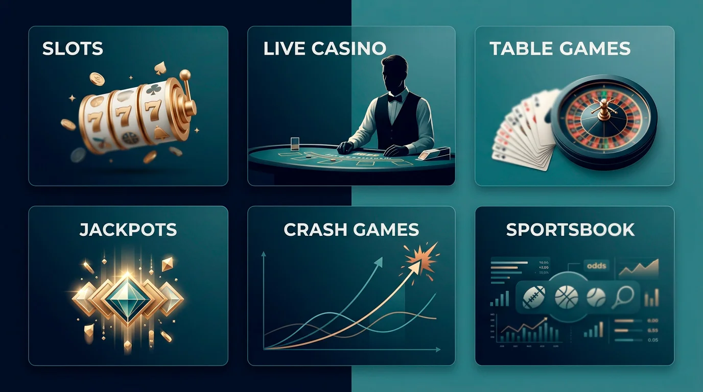 JettBet games library map: slots, live dealer, table games, jackpots and sportsbook cards