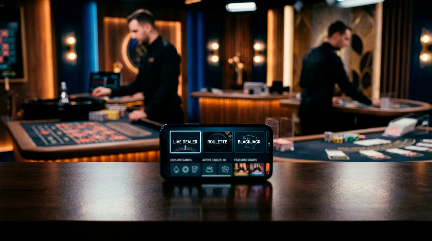 JettBet live casino studio with roulette and blackjack tables on a mobile screen